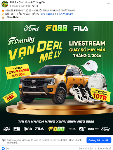 Các giải thưởng trong đợt 3 chương trình "F Family" bao gồm xe Ford Ranger Raptor trị giá 2 tỷ đồng và 20 voucher Fila 10 triệu đồng được FO88 công bố trên fanpage chính thức. Nguồn: Fanpage Fo88 - Chơi Nhanh Thắng Dễ Link bài viết: https://www.facebook.com/share/p/1Gc8AfPLYF/
